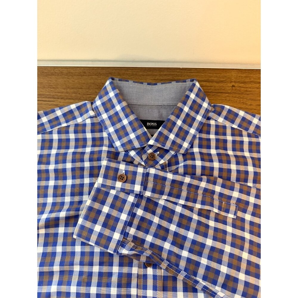 HUGO BOSS Black Label Shirt XL Blue Brown Gingham Check Contrast Collar Sport